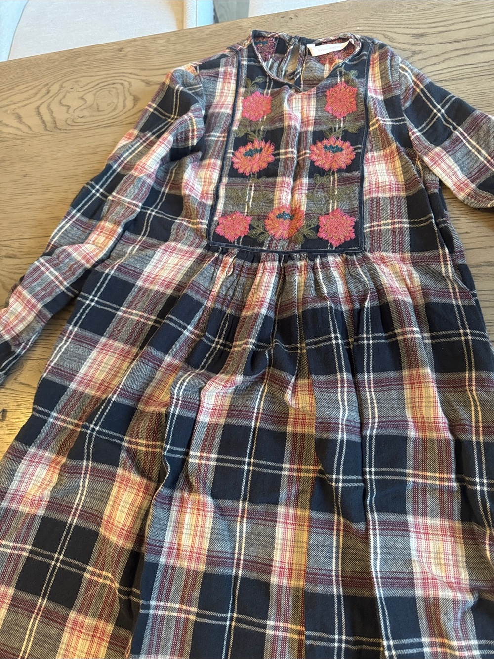 Zara Navy Plaid Dress with Pink Floral Embroidery